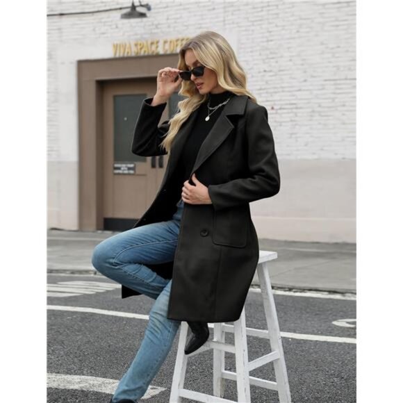 Women Winter Wool Blend Camel Mid-Long Coat Notch Double-Breasted Lapel - Picture 6 of 7